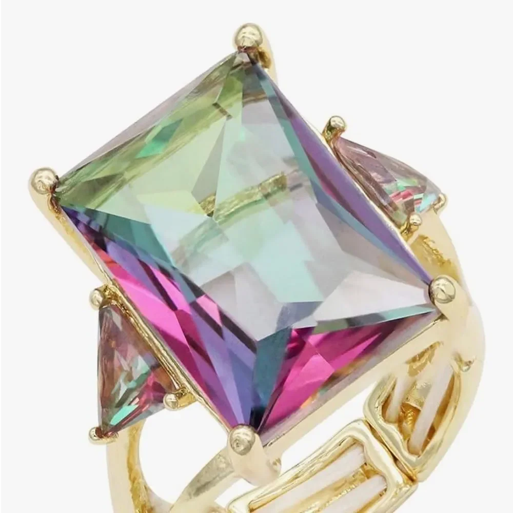 Multicolor Radiant Diamond Statement Ring 14K Gold Plated Stretch Cocktail Ring